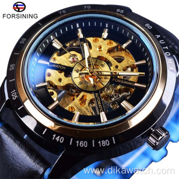Top Brand Luxury Mens Forsining Motorcycle Design Transparent Genuine Strap Waterproof Skeleton Men Automatic Watches Clock
